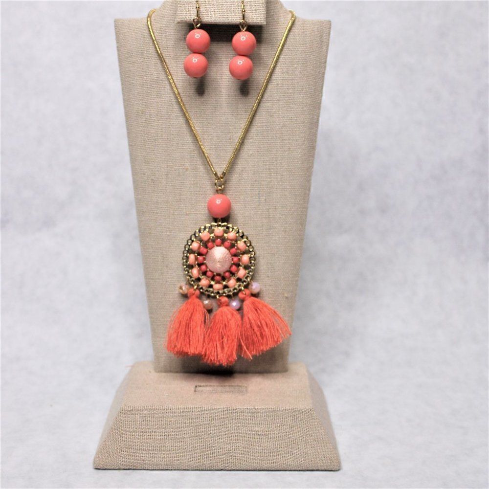 Necklace & Earring Set Gold-tone Tassel & Beads